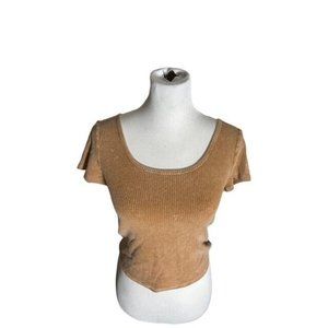 Wild Fable Cropped Top Women’s Size Large Brown Ribbed Short Sleeve Scoop Neck
